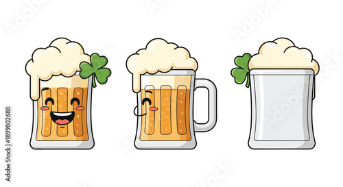 Cartoon beer mugs with shamrocks for St Patrick's Day celebration, Generative AI.
