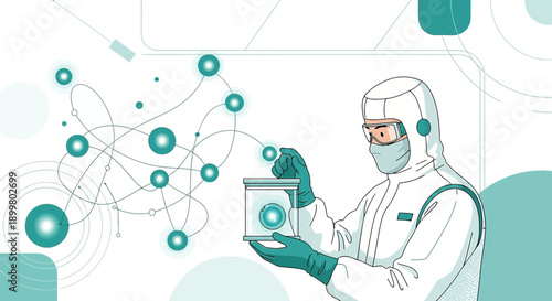 Scientist in protective suit examining container with luminescent particles and intricate network