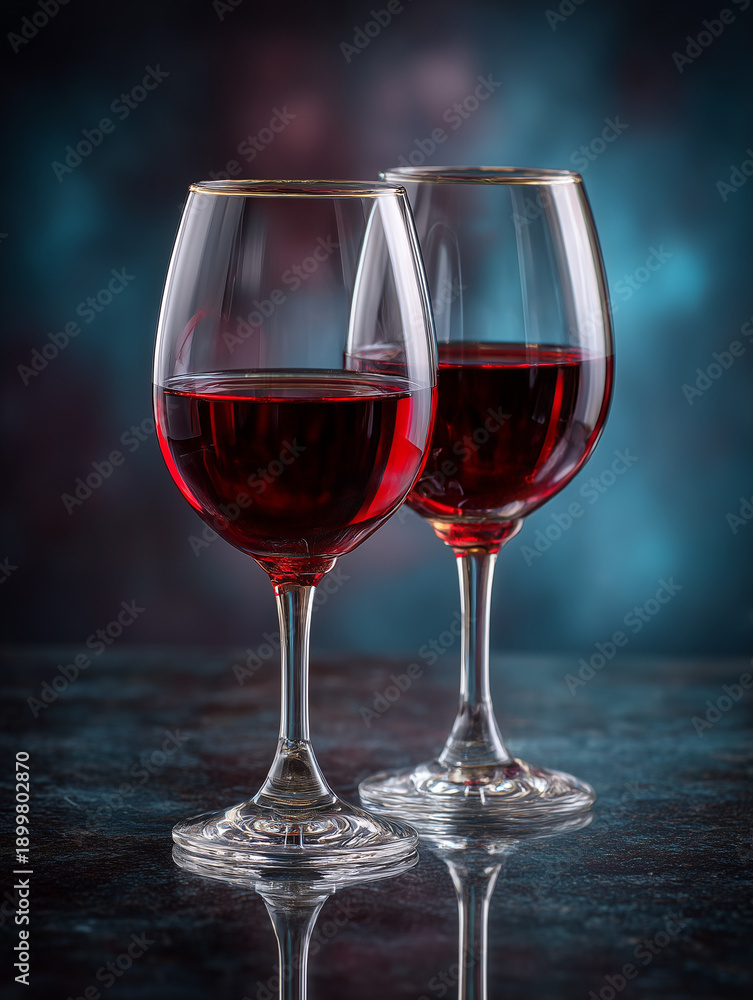 Naklejka premium Two red wine glasses reflecting celebration and elegance