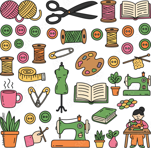 Cute colorful doodle icons related to crafting, hand drawn sewing and craft icons set, creative hobby tools vector illustration