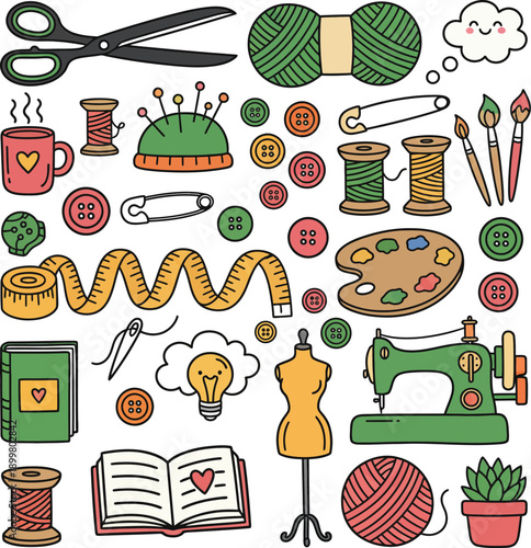 Cute colorful doodle icons related to crafting, hand drawn sewing and craft icons set, creative hobby tools vector illustration