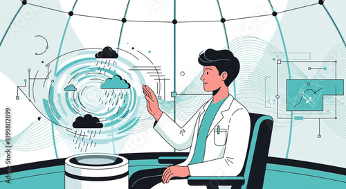 Scientist in weather forecasting center analyzing storm data using holographic technology