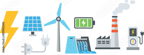 Sustainable renewable energy infrastructure set with solar panels wind turbine hydroelectric dam battery and electric charging station vector.