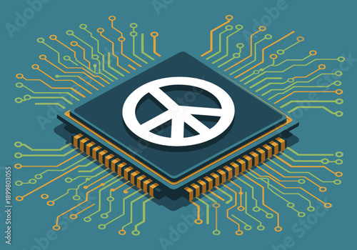 A vibrant chip graphic featuring a peace symbol overlaid on a processor, symbolizing peaceful AI technology. Modern, digital, and impactful design.