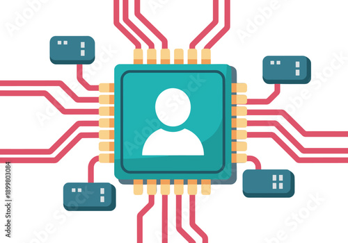 A vibrant chip showcases human collaboration with AI. Circuitry connects a central figure to smaller AI modules, symbolizing partnership and innovation. Modern, digital design.