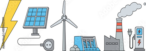 Sustainable renewable energy infrastructure set with solar panels wind turbine hydroelectric dam and electric charging station vector.