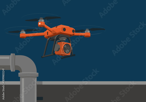 A vibrant orange drone inspects a pipe, showcasing a professional pipe inspection service. Clear, modern illustration for commercial use.