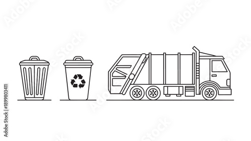 Line drawing of trash cans and garbage truck in simple black outline for environmental or waste management concepts in minimalist style with monochromatic color in flat illustration format for educat 