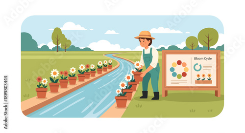 Gardener tending to potted flowers alongside a flowing irrigation canal.