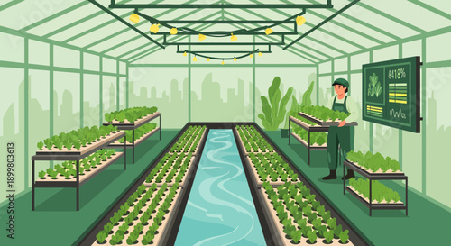 Hydroponic farming system with a worker monitoring plant growth in a modern greenhouse.