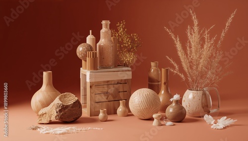 Arrangement of Wooden and Glass Objects With Plants on a Simple Background Du...