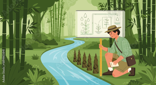Man in hat and shorts with a stick and paper studying the environment.