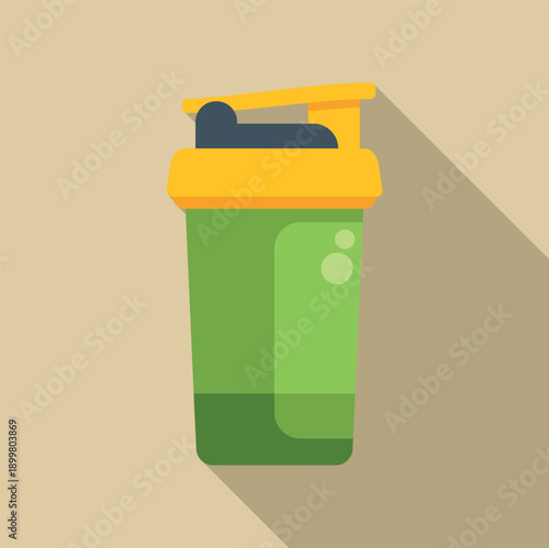Green and yellow protein shaker bottle with long shadow on beige background
