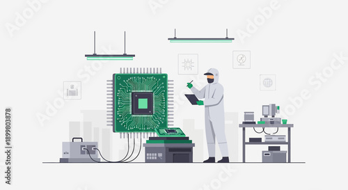 Semiconductor manufacturing cleanroom illustration, showcasing chip production and inspection