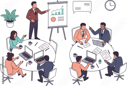 Business people team working in corporate workshop seminar training and presenting data on flipchart for office collaboration vector.