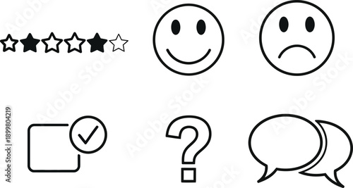 Set of simple outline icons for feedback and communication including stars smiley faces chat bubbles and checkmark perfect for web and app design