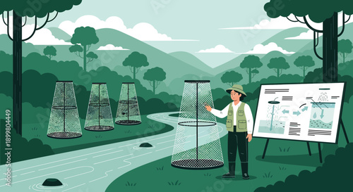 Scientist Explaining Insect Traps in a Forest Setting.