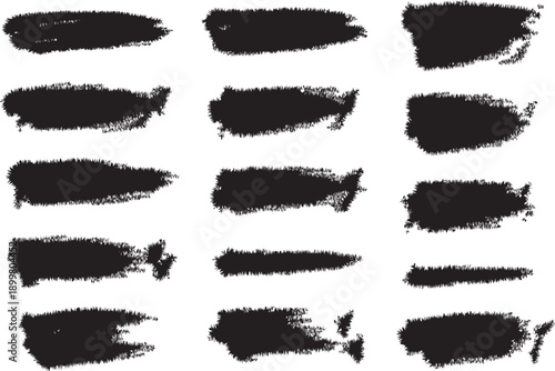 Set of grungy black ink brush strokes, textured vector paint swashes 