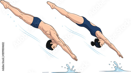 Diving, synchronized swimmers, water sport, athletic performance, competitive diving, precision, splash, swimwear, motion, technique, mid-air, action, pool, athletes, form, 