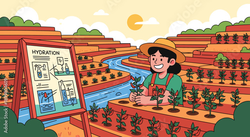 Smiling female farmer in a straw hat holding a plant seedling.