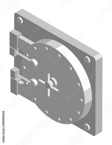 Isometric cosed entrance to bank vault protected by thick armored door with combination lock and screw handle. Isolated cartoon vector on white background top view