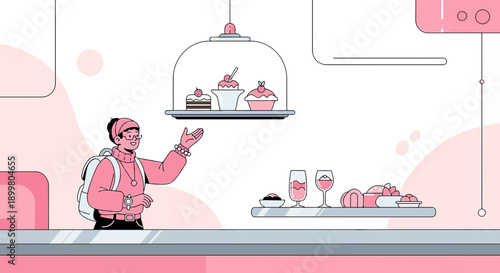 Stylish pink café scene with a backpacker appreciating the sweet treats and drinks served