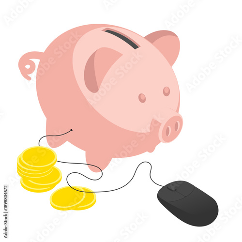 Isometric piggy bank is connected to a computer mouse for online banking services. Isolated cartoon vector on white background top view