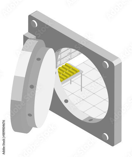 Isometric opened entrance to bank vault with armored door and strong lock. Isolated cartoon vector on white background top view