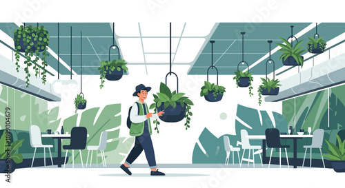 Stylish Traveler in a Modern Green Cafe with Hanging Plants Creates a Serene Atmosphere
