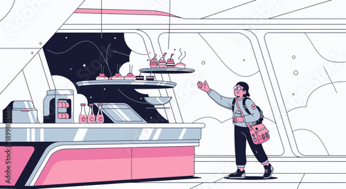 Stylized depiction of a traveler purchasing sweets inside a futuristic interstellar cafeteria