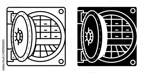 Linear icon. Opened entrance to bank vault with armored door and strong lock. Simple black and white vector symbol isolated on white background