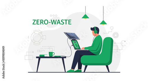 Sustainable lifestyle illustration showing a man working remotely with solar powered laptop