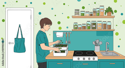 Sustainable kitchen scene depicts a young man composting food waste in a home setting