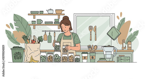 Sustainable living: A woman organizes a zero-waste kitchen with reusable containers and local