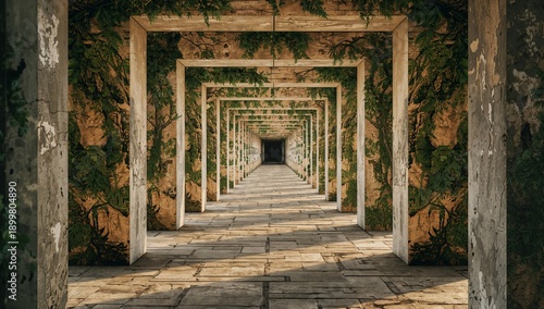 Long Pathway With Arches and Greenery Leading to a Dark Space in a Natural Se...