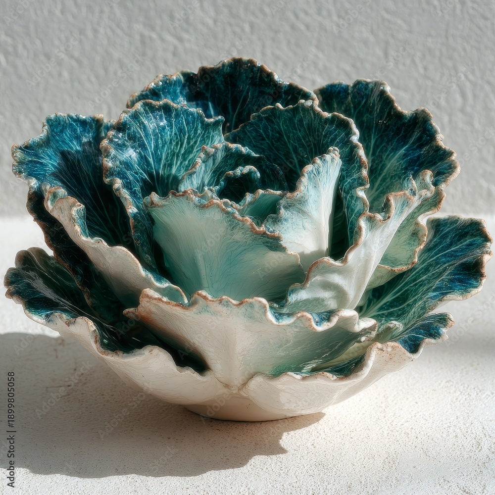 Obraz premium Decorative blue and white ceramic cabbage-shaped bowl on light textured surface, suitable for kitchen, dining, or home decor marketing