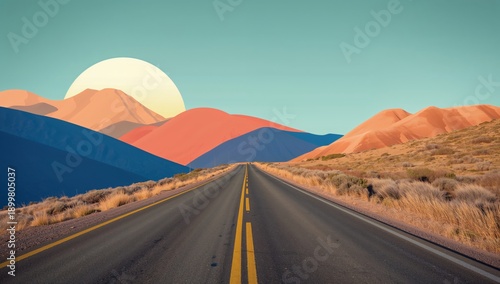 Road Leads Through Colorful Mountains Under a Large Sun in a Clear Sky