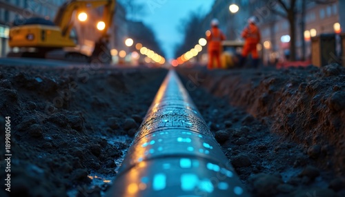 New underground pipeline installed with blue and yellow lights. Excavation trench with workers and machinery visible. Utility construction project for future infrastructure development.