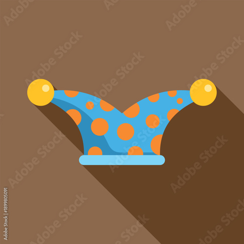 Blue and orange polka dot jester hat with yellow balls on a brown background