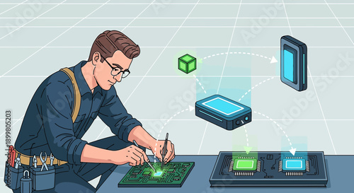 Technician precisely manipulating electronic components on a circuit board assembly platform
