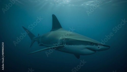 Shark Swimming in Deep Ocean Waters With Sunlight Filtering Through Surface