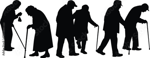 Elderly silhouettes, old people walking, senior citizens, walking with cane, aged couple, elderly man, elderly woman, seniors support, cane walking, old age silhouette