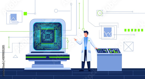 Technological advancement illustrated with scientist and advanced microchip display system
