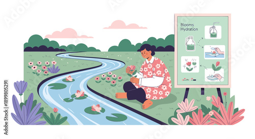 Woman in kimono tending to plants by a flowing river.