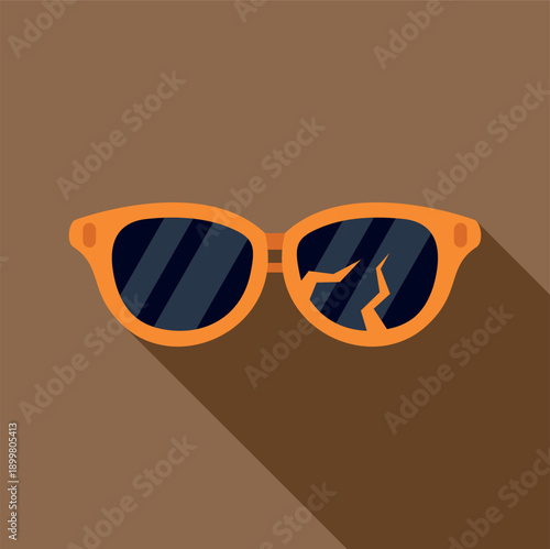 Orange sunglasses with a broken lens on a brown background, flat design illustration