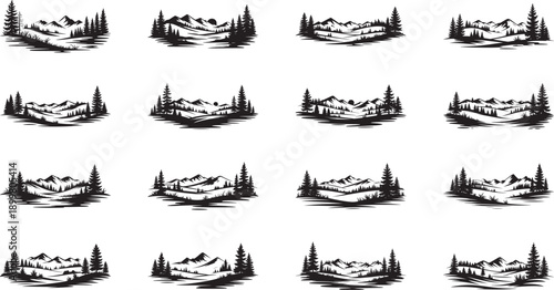 black and white mountain landscape illustrations with trees and hills