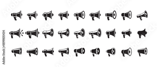 Collection of various megaphone and bullhorn icons for sound amplification and announcement concepts