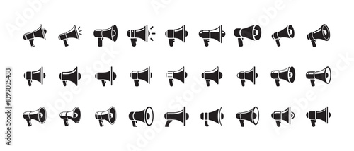Set of flat and stylized megaphone icons demonstrating volume and public announcement functions in vector format