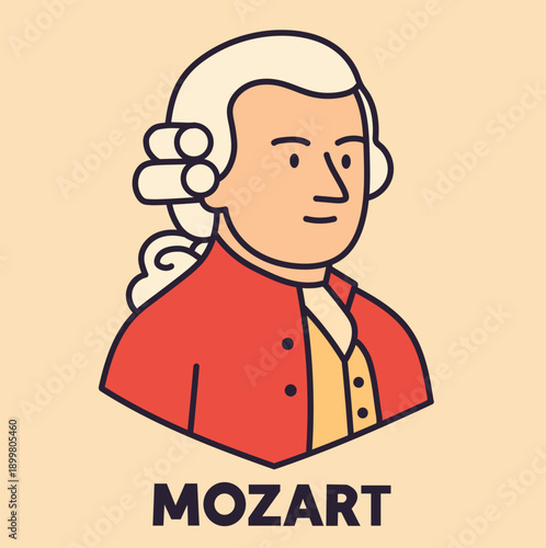 Wolfgang Amadeus Mozart — vector portrait in cartoon style. Flat vector illustration of the famous composer Mozart in a red tailcoat and with a characteristic hairstyle of the XVIII century.