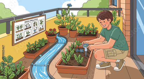 Young man tending to his balcony garden with an innovative watering system.